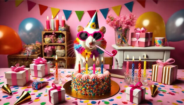 Adorable mouse celebrates a cheerful birthday with colorful cake and decor