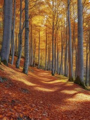 Obraz premium Sunlit autumn path through vibrant forest. (4)