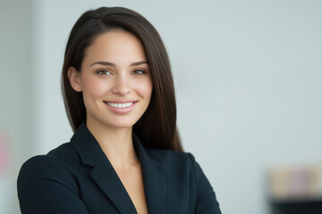 Confident woman in professional attire smiles during office meeting