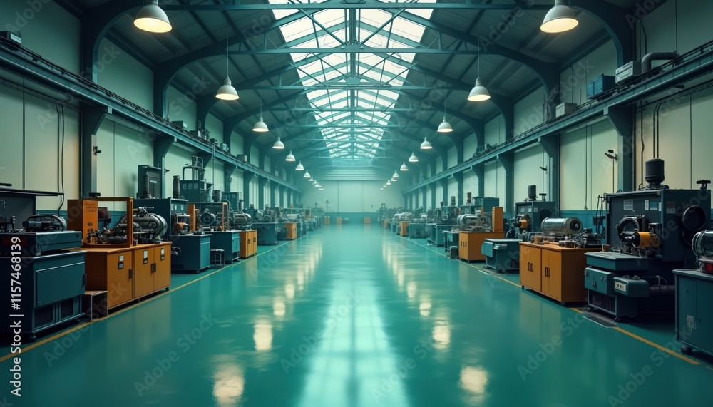 Poster empty factory floor shows rows of industrial machinery. rows of machines stand along sides of long f