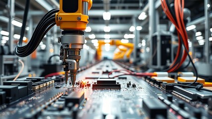 Advanced Robotic Arm Installs Circuit Board Components - Modern Electronics Factory Automation