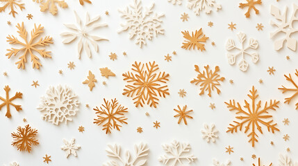 Golden snowflake confetti scattered in a minimal and elegant style, with intricate golden snowflakes of various sizes spread beautifully across a clean white background.