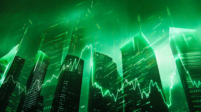A futuristic view of skyscrapers with a green graph overlay, symbolizing urban development, progress, and technological innovation.