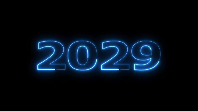 2029 neon text background animation. Glowing neon number text happy new year background.