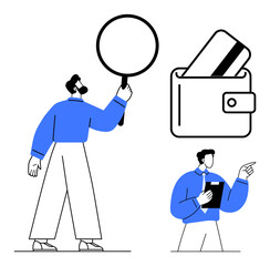 Magnifying glass held by business professional, wallet with credit card, and another professional with notebook. Ideal for finance, search, business analysis, data review, financial planning