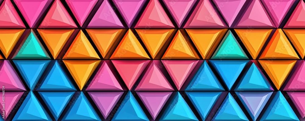 Poster A vibrant pattern of interlocking triangles in shades of pink, orange, blue, and purple, creating a dynamic and visually striking geometric design.