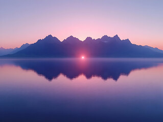 Serene sunrise over calm lake with majestic mountain range reflecting in still water, creating a breathtaking, symmetrical view.