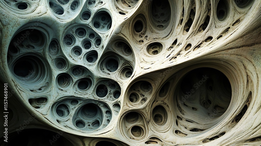 Fototapete abstract 3d rendering of a porous, cavernous, organic structure with varying shades of gray and beig