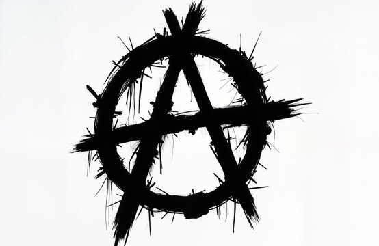 Black anarchy symbol isolated on white background. Roughly drawn with brushstrokes, details. Anarchy symbol represents political protests, resistance. Suitable for social media political art prints.