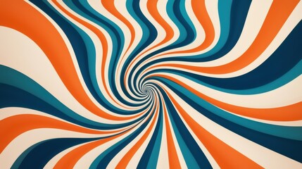 A vibrant swirl of orange, teal, and white stripes creates a mesmerizing spiral pattern, evoking a sense of depth and movement.