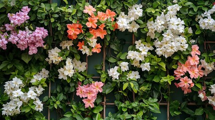 Fototapeta premium Autumn leaves on the ground with colorful flowers in a garden setting