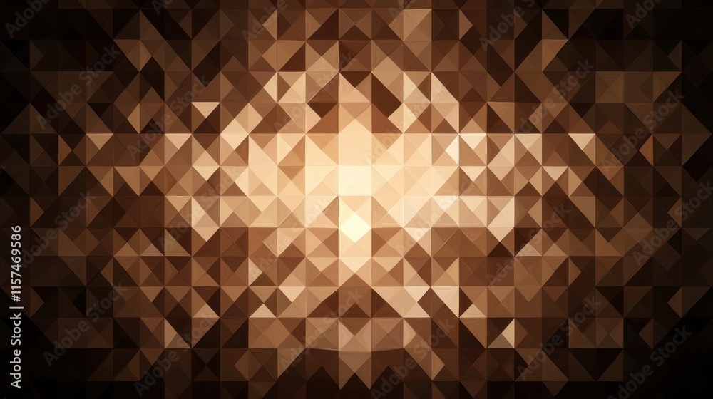 Poster An abstract geometric pattern featuring a warm, radiant light at the center, surrounded by a mosaic of triangular shapes in shades of brown and gold.