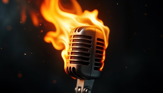 Retro microphone ablaze with flames. Intense energy, excitement. Fiery audio instrument. Powerful sound. Vintage design. Dramatic stage lighting. Concert performance concept. Hot, loud. Abstract art.