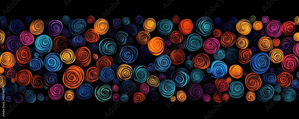 Poster A vibrant pattern of colorful swirling circles against a dark background, creating a dynamic and artistic visual effect.