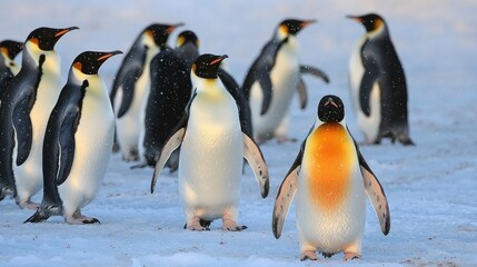 Fototapeta premium A group of emperor penguins standing on snow in a cold environment.