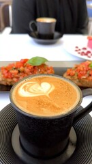Rustic bruschetta paired with coffee highlights Mediterranean flavors rooted in sustainable preparation, blending simplicity with vibrant ingredients. Rustic bruschetta coffee harmony.