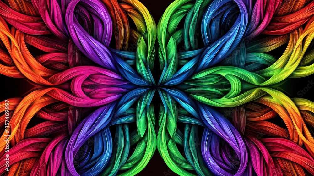 Poster a vibrant abstract design featuring intertwined colorful strands creating a symmetrical pattern.