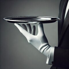 Gloved hand presenting a polished silver platter with formal elegance