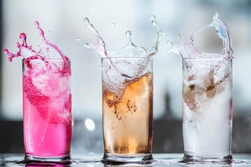 Refreshing cocktail splashes in clear glasses: pink, amber, and white drinks with ice, perfect for summer parties, celebrations, and beverage promotions.