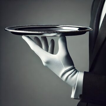 Gloved hand presenting a polished silver platter with formal elegance