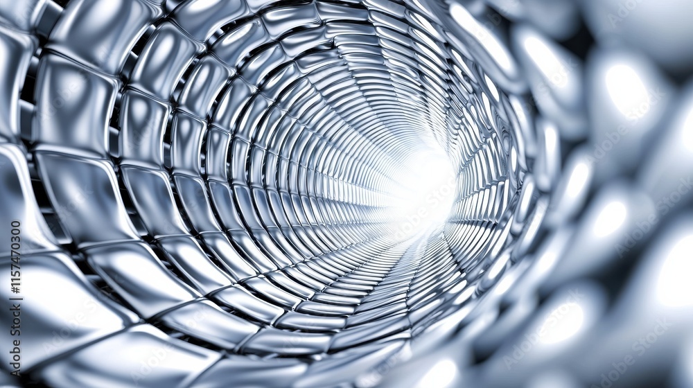 Poster a mesmerizing tunnel of reflective metallic surfaces leading to a bright light at the end, evoking a