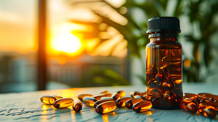 A close-up of golden fish oil capsules, symbolizing health, wellness, and essential nutrients for a balanced diet.