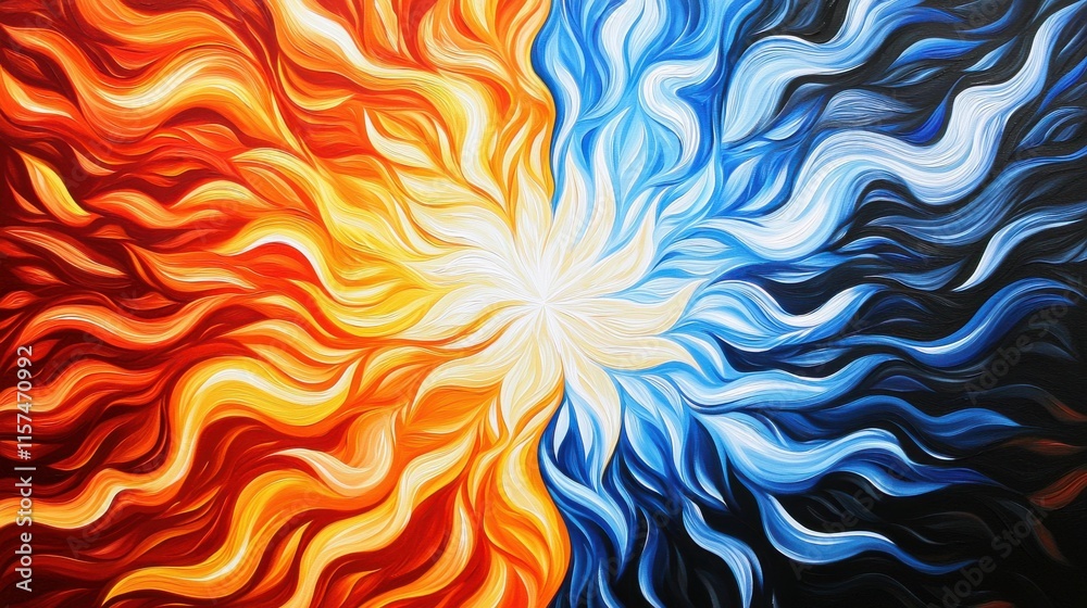 Poster a vibrant abstract artwork depicting swirling patterns of orange and blue, symbolizing the duality o
