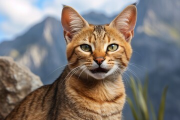 Portrait of a smiling chausie cat in backdrop of mountain peaks