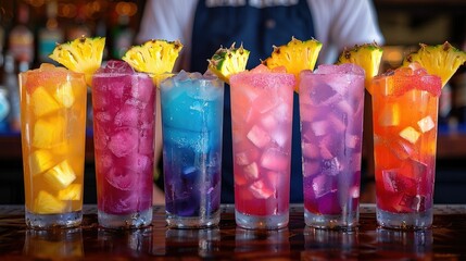 Six colorful cocktails with pineapple garnish, lined up on a bar.