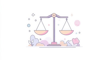 Minimalist and Colorful Representation of Scales of Justice Illustrating Balance, Fairness, Equality Concept with Abstract Background and Soft Pastel Colors