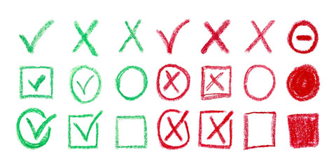 Collection of Doodles of Green Ticks, Red Crosses and Circles Chalk, Charcoal Pencil. Hand drawn checklist, flag, square signs in sketch style. Correct, incorrect symbols. Vector Kids Strokes.