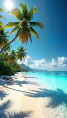 Tropical paradise beach scene. Tall palm trees line pristine white sand shore. Crystal clear blue ocean water gently waves on sandy shoreline. Sunny day. Ideal for relaxation, travel. People enjoy