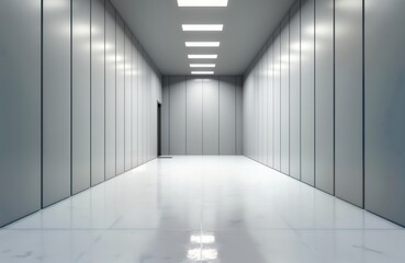 Fototapeta premium Empty modern industrial hall with grey walls and glossy concrete floor. Led lights illuminate space. Great for showcasing industrial design projects. Ideal for warehouse, hangar, or factory settings.