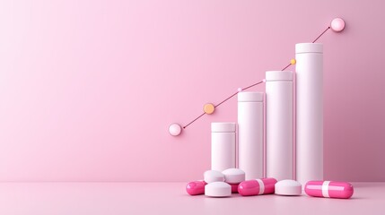 Glowing Vitamin Bar Chart with Capsules on Pink Background