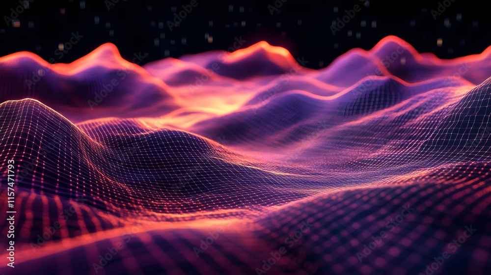 Poster dynamic data visualization waves digital realm abstract graphics high-tech environment aerial view s