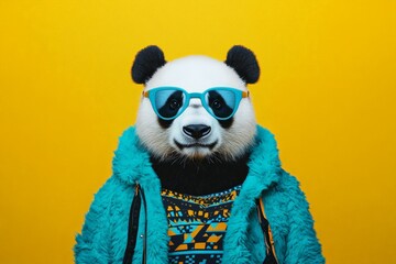 Fototapeta premium Stylish panda wearing sunglasses and colorful jacket against a bright yellow background, trendy animal fashion, fun and playful vibe for creative projects.