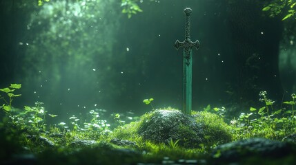 Fototapeta premium A mystical sword embedded in a rocky base, surrounded by lush greenery and soft light.