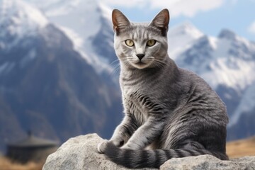 Fototapeta premium Portrait of a curious korat cat on backdrop of mountain peaks