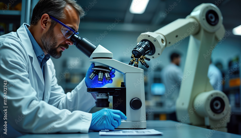 Poster Scientist meticulously examines sample under microscope. Industrial robot arm works in background. Collaboration between tech, science. Modern research lab setting. Advanced equipment. Focused study.