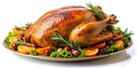 Smoked chicken leg on plate, isolated on white background