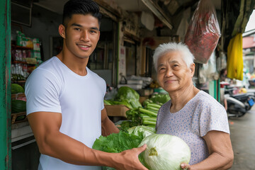 Fototapeta premium Young man and elderly woman exchanging fresh vegetables at local market