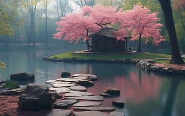 Serene spring scene Pink cherry blossoms frame a tranquil gazebo on a misty lake island, accessed by stepping stones.