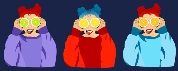 Vector flat girls design. Funny girls concept. Smiling young woman.