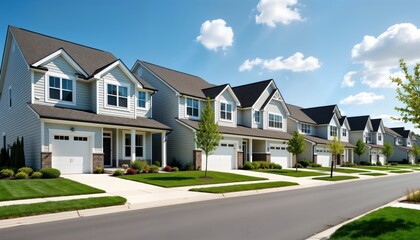 Suburban houses in row with manicured lawns. Modern homes with gray siding, dark roofs. Front yards small trees, shrubs. Sunny day in residential neighborhood. Springtime in North America. Houses new