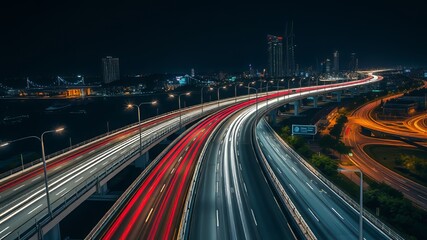 Brisbane Riverside Expressway Night Lights - Aerial Cityscape Overpass