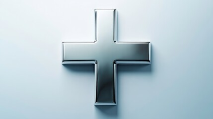 Obraz premium Sleek and Modern Silver Plus Sign Symbol on a Light Background, Ideal for Medical, Health, and Wellness Themes in Stock Photo Collection