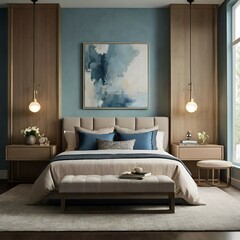 Modern Bedroom with Blue Walls and Wooden Accents