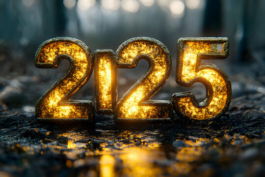 Glowing golden 2125 number in a dark forest.