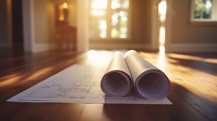 New Home Construction Background, Abstract Blueprints And Construction Plans In Soft Warm Light