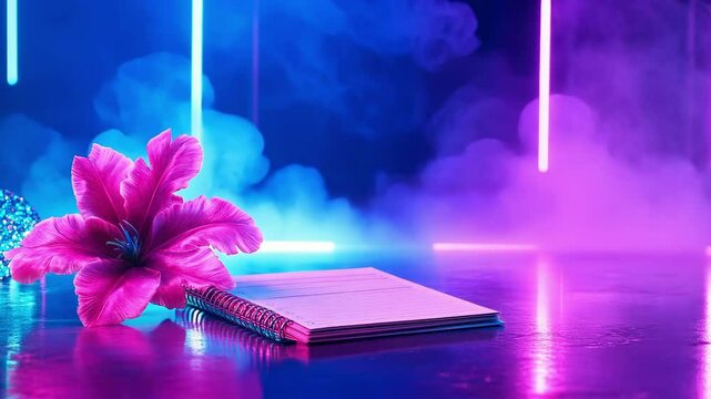 Blue monday still life composition with flower and notebook for inspirational design